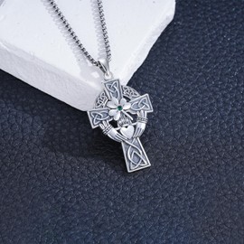 QHQPQ Claddagh Celtic Cross Necklace 925 Sterling Silver Celtic Knot Cross Clover Pendant Irish Jewellery Gifts for Women Men