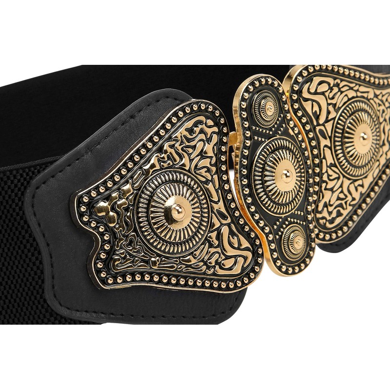 BlackButterfly Vintage Wide Elastic Stretchy Antique Buckle Belt, black