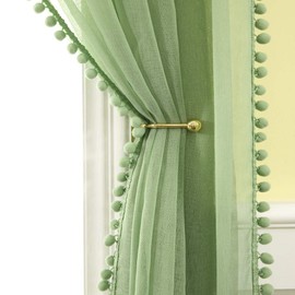 MIULEE Sheer Curtains Transparent with Pompoms Curtain Made of Voile Polyester Rod Pull Transparent Living Room Air Decorative Curtain for Bedroom Set of 2