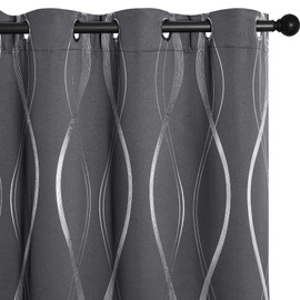 NICETOWN Bedroom Small Blackout Curtain Panels, Set of 2, 42 by 54 Inch,Grey, Window Treatment Thermal Insulated Solid Grommet Blackout Wave Line Foil Print Design Curtains for Kitchen, Cafe, Loft