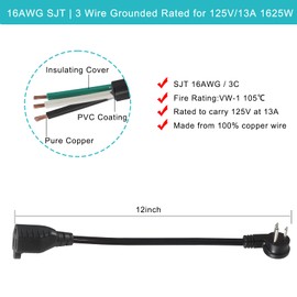 Short Flat Plug Extension Cord 1 Foot- Low Profile Angle Flat Plug Ground 1FT Indoor AC Extension Cord Short 3 Prong Grounded Extension Cord SJT 16AWG Heavy Duty Flexible Power Cord (1 Pack)