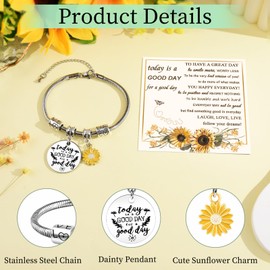 QianSiLi Sunflower Gifts Stainless Steel Bracelet Women Sunflower Charm Bracelet Chain Inspirational Birthday Christmas Valentines Day Gifts for Teens Women Friends Mom Daughter