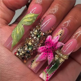 Square Press on Nails Long Fake Nails French False Nails Floral Artificial Nails with Pink Flowers and Gold Bow Designs Rhinestones Glue on Nails Stick on Nails for Women 24pcs