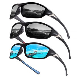 Laurinny Sports Polarized Sunglasses For Men Cycling Driving Fishing Running Baseball 100% UV Protection, Black+black+blue(3 Pack), 145mm