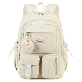 QHRIDS Backpack for Girls Big Student Corduroy Laptop Backpack for College Kids Elementary Middle High School Bag Anti Theft Bookbag Travel Daypack Womens(Corduroy Beige)