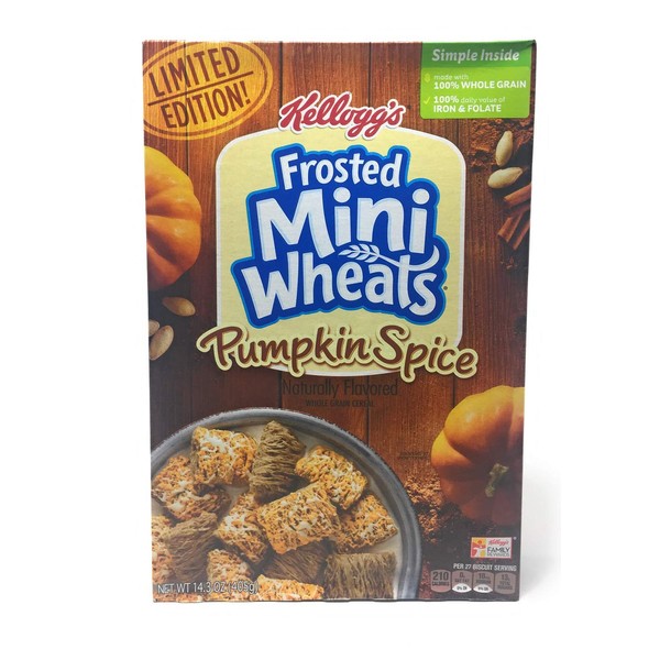 Kellogg's Frosted Mini-Wheats, Breakfast Cereal, Pumpkin Spice, Made with Whole Grain, Limited Edition, 14.3oz Box