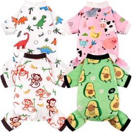 4 Pack Dog Pajamas Soft Lightweight Dog Recovery Suit Onesie Clothes for Small Medium Female Pet Boys Girls Dogs (XL (Back: 13",Chest: 18.9", 12-18lbs), Dinosaur,Farm,Monkey,Avocado)