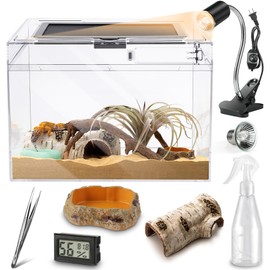 HELIME Reptile Polycarbonate Terrarium Kit 7 Piece Starter Habitat for Tarantula,Lizards,Frogs,Geckos,or Hermit Crabs,Tank with Escape-Proof Locking Lid,Light,Hygrometer,Hide,Tweezer,Bowl,Sprayer L