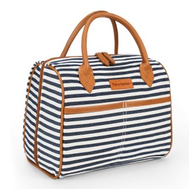 Tirrinia Insulated Lunch Tote Bag for Women w/Leather Handle, Fashionable Lunch Box for Men, Reusable Large Cooler Lunch Bag for Working/Picnic - Gray Stripe