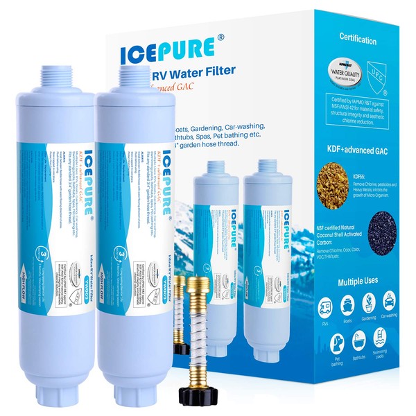 ICEPURE RV Water Filter System for Garden, RV, Pool, Camper, Marine, Boat Hose for Drinking, Car Washing, Gardening, Planting, Spa, Reduces Chlorine, Odors, with 1 Flexible Hose Protector, 2PACK