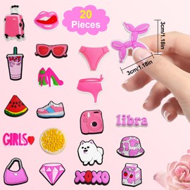 Pink Shoe Charms for Croc, 20Pcs Different Shape Cute Clog Shoes Decorations, PVC Ornaments Shoe and Wristband Accessories for Teens Girls Women, Cartoon Shoe Charms for Birthday Gift Party Favors