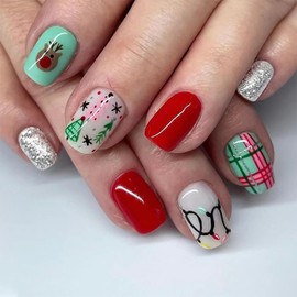 Christmas Press on Nails Short Square SWEKKE Fake Nails False Nails with Designs Christmas Tree Deer Glitter Colorful Glossy Glue on Nails Stick on Nails Acrylic Nails for Women Girls 24 Pcs