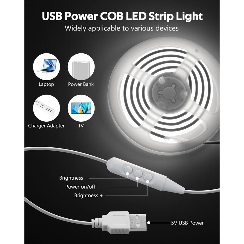 Samsion 5V USB COB LED Light Strip with Dimmer 3.3FT