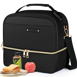 Hihealer 2 Tier Lunch Bag Women with Stylish Vegan Leather - Large Leakproof Insulated Cool Bag with Removable Adjustable Strap for Work Picnic, Christmas Gifts for Women (Midnight Black)
