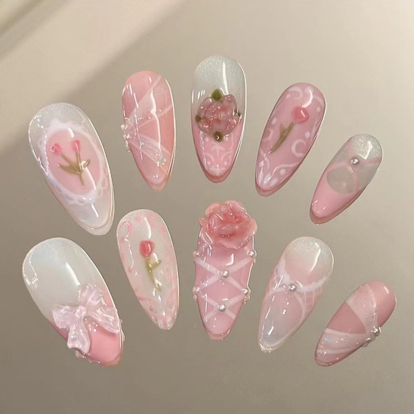 24 Pcs Spring Pink Press On Nails Short Almond,YEFIUO Summer