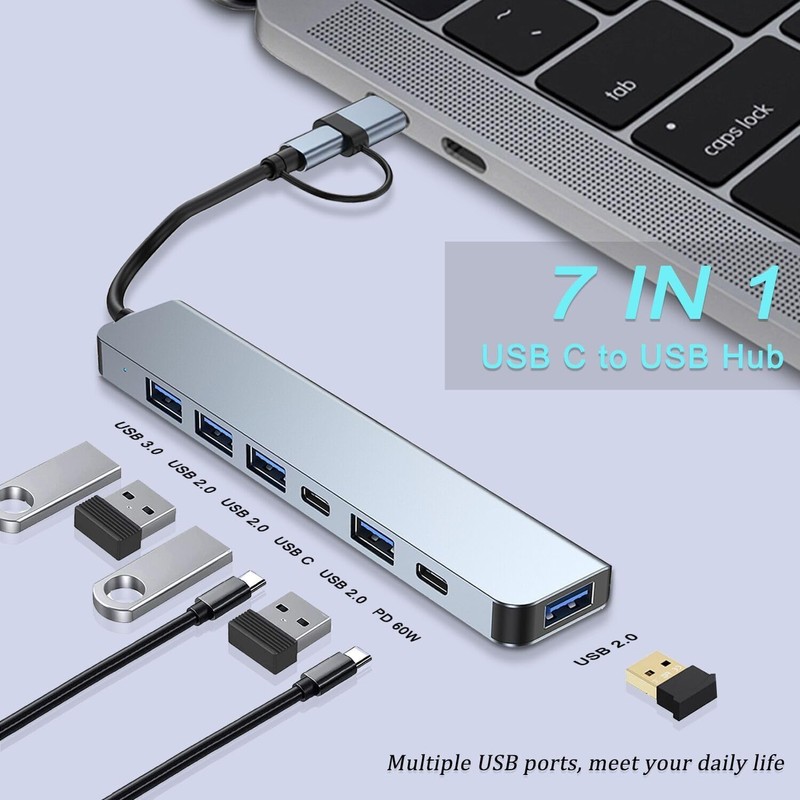 Aluminum 7 in 1 USB C Hub with USB 3.0,