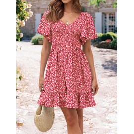 UEAL Summer Dresses for Women 2025 Fit and Flare Smocked Spring Sun Dress for Women Medium Burgundy Floral