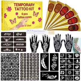 141 PCS Temporary Tattoos Stencils Kit,Temporary Tattoos Kit - 6 Pcs 3 Color(Brown, Black, Cherry Red) Ink with Gloves,DIY Body Art Painting for Women Men Adults Kids