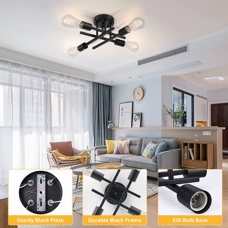 SunRider Industrial 4-Light Semi Flush Mount Ceiling Light Fixture, Modern