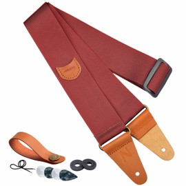 Nefelibata Guitar Strap with Pick Pocket, Vintage Nylon Full Grain Leather Ends Guitar Straps for Bass, Electric & Acoustic Guitar, Free Strap Button, Strap Locks and Guitar Picks (Tomato Red)