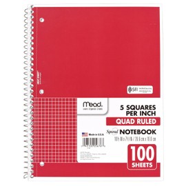 Mead Spiral Notebook, 1-Subject, Graph Ruled Paper, 10-1/2" x 8", 100 Sheets, Color Will Vary (05676)