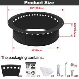 Baitedelai Outdoor Smokeless Large Fire Pit Ring 43 Inch Outer/39 Inch Inner Diameter, Heavy Duty Metal Round Liner Insert for Outside DIY Campfire or Bonfire Ring, Above or In Ground Use