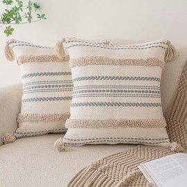 BUIOVBEY Boho Throw Pillow Covers 18x18 Set of 2 Woven Tufted Farmhouse Pillows Cover with Tassels Textured Striped Cushion Case Neutral Pillow Cases Decorative Pillowcase for Sofa, Couch, Bed, Khaki