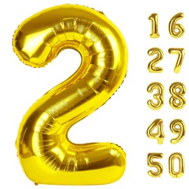 40 Inch Gold Balloon Number 2 Giant Two Balloon Number Birthday Decorations, 2nd 12 20 21st Party Celebration Decorations Digital Balloon Wedding Anniversary Party Supplies