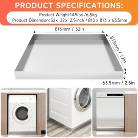 jkxoo Washing Machine Pan-32" x 32" x 2.5" Heavy Duty 304 Stainless Steel Washing Machine Tray, Washer Pan, Drip Tray Catch, No Hole