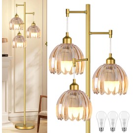 QIYIZM Gold Floor Lamp for Living Room,Bedroom,Tree 3 Light Standing Lamp Mid Century Modern Brass Tall Floor Lamps Vintage Retro Floor Lights Glass Flower Amber Lamp Shade Farmhouse Boho Bohemian