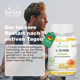 fairvital L-Carnitine Gummies, Pack of 60, 1000 mg per Daily Dose, Mango Flavour, High Dosage, 100% Vegan + Sugar Free, Quality Tested and High Dosage, Made in Germany