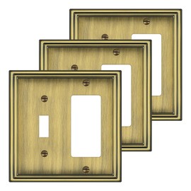 Combination Metal Light Switch Covers Wall Plate, 1 Toggle/1 Decorator Switch Plate Outlet Covers Antique Brass Decorative 2 Gang Wall Plate - Classic Style, 3 Pack