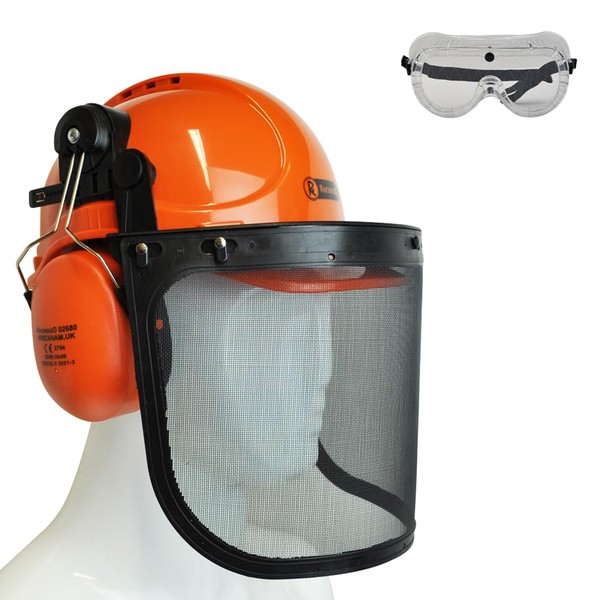 Chainsaw Helmet Forestry Safety Hat Ear Defenders Metal Visor Protective Gear Arborist Mask Mesh Stihl PPE Orange Wood Shield Garden Chain Hard Hat Replacement Free Goggles