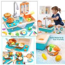 CUTE STONE Play Kitchen Sink Toys / Upgraded Real Faucet, Play Cooking Stove, Cookware Pan