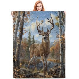 VANZEV Autumn Deer Throw Blanket Gifts for Women, Woodland Wildlife Blankets for Living Room Home Decor, Cozy Flannel Deer Plush Throws 50"x60"