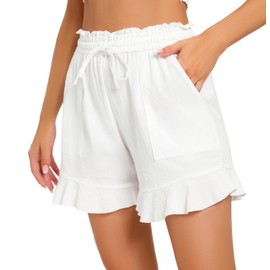 EZPERY Womens Summer Linen Shorts Wide Leg High Waisted Ruffle Draswtring Beach Flowy Shorts with Pockets White