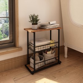 PROXRACER Side Table, 3-Tier End Table, Narrow Sofa Table Bedside Table, Small Nightstand with Storage Shelf and Fence for Living Room, Study, Bedroom, Rustic Brown