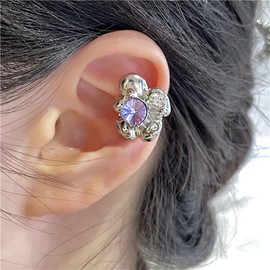 Inilbran Boho Purple Crystal Flower Ear Cuff Earrings Vintage Flower Ear Cuff Cartilage Earrings Purple CZ Flower Cuff On Earrings Punk Flower No Piercing Clip Earrings Jewelry for Women