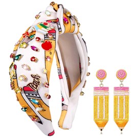 ANGLESJELL Teacher Headbands for Women Beaded Pencil Knotted Headband Embellished Crystal Rhinestone Headband Back to School Teacher Hair Accessories Outfits Teacher’s Day Appreciation Gifts