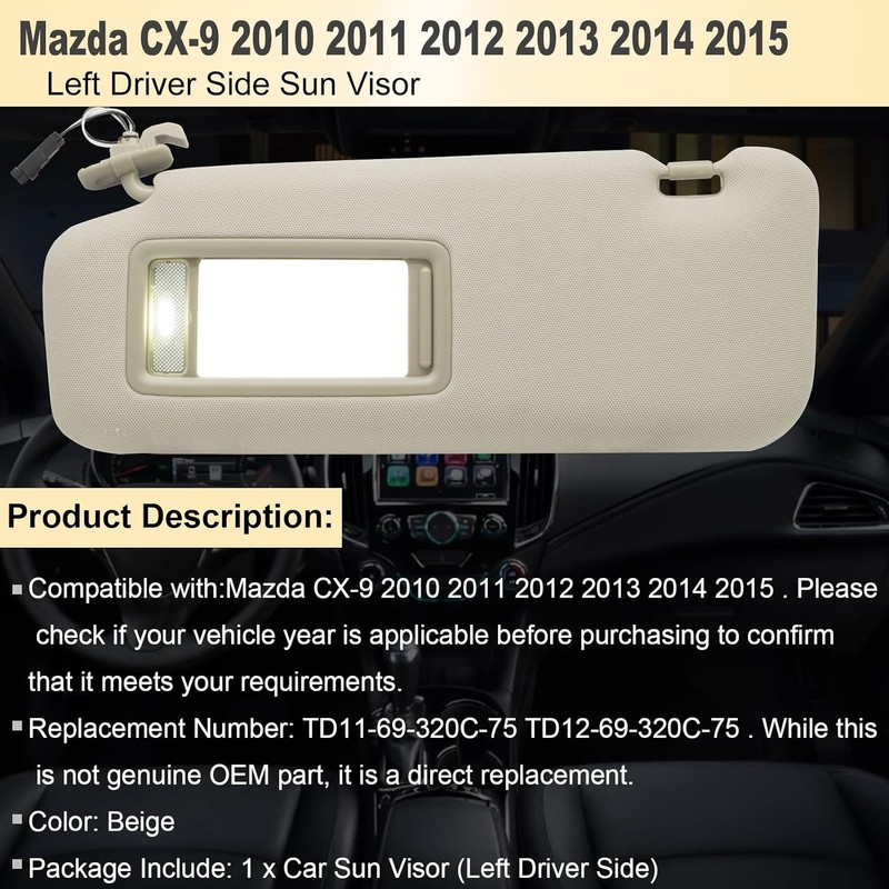 NHILES Left Driver Sun Visor Compatible with Mazda CX-9 2010-2015