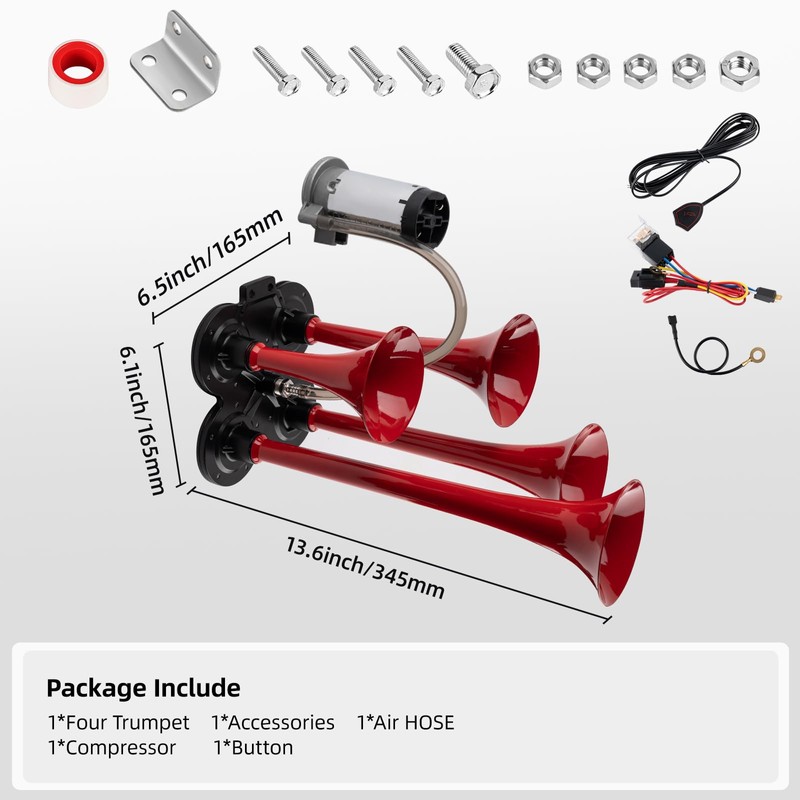 150db 12V Train Horn Kit，Red 4 Speakers， Air Horn With