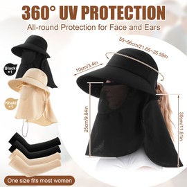 Yearntown 4 Pcs Ponytail Sun Hat Wide Brim Fishing Hat with Removable Breathable Face Cover & Neck Flap & Cooling Arm Sleeves Outdoor UPF 50+ Sun Protection for Women Fishing Hiking Garden
