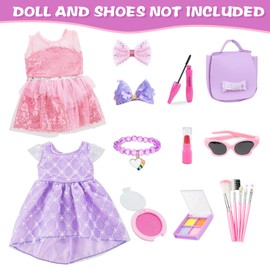 VAWMJOT 18 Inch American Doll Accessories, 2 Sets Pink and Purple Dresser Sunglasses Handbag Lipstick Hair Clip Eye Shadow Foundation Make-up Bracelet Cosmetic Brush American Doll Clothes Set