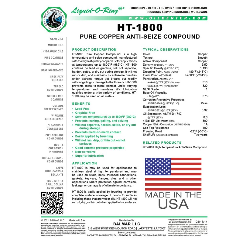 Liquid-O-Ring HT-1800 Pure Copper Anti-Seize Lubricant – High Temp 1800°F,