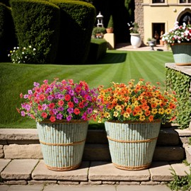 INXUGAO Artificial Fake Plants Flowers for Outdoor Spring Summer Decor, 12 Bundles Faux Silk Daisy for Planter Pot Colorful UV Resistant Look Real for Front Door Porch Patio Outside Yard(Red Purple)