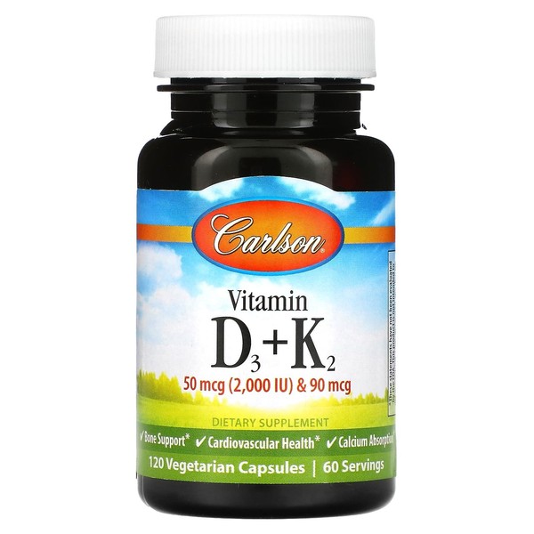 Vitamin D3 Plus K2 50mcg 2000IU 90mcg Veggie Capsules 120