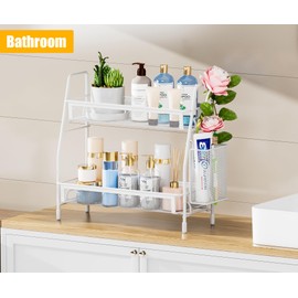 Famhap Bathroom Counter Organizer, Bathroom Organizer Countertop with Side Basket, Kitchen Countertop Organizer, Metal Spice Rack Organizer, White 13.8"x7"x12.6"