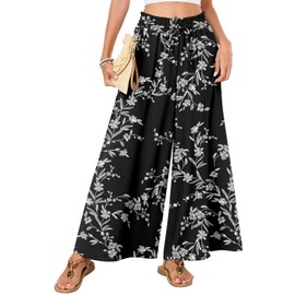 Bestbee Palazzo Plus Size Pants for Women Dressy Casual Wide Leg Slacks Elastic Waist Business Flowy Pants with Pockets, XL, Black-White Flowe