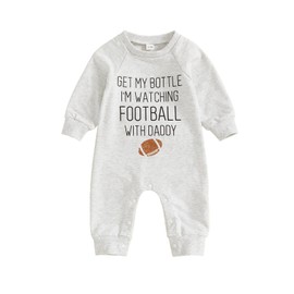Newborn Baby Boy Football Outfit Letter Print Long Sleeve Romper Jumpsuit One Piece Bodysuit Fall Clothes (Gray, 3-6 Months)