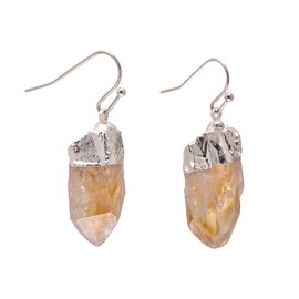 Natural Healing Crystal Yellow Citrine Rough Stone Earrings, White Gold Tone